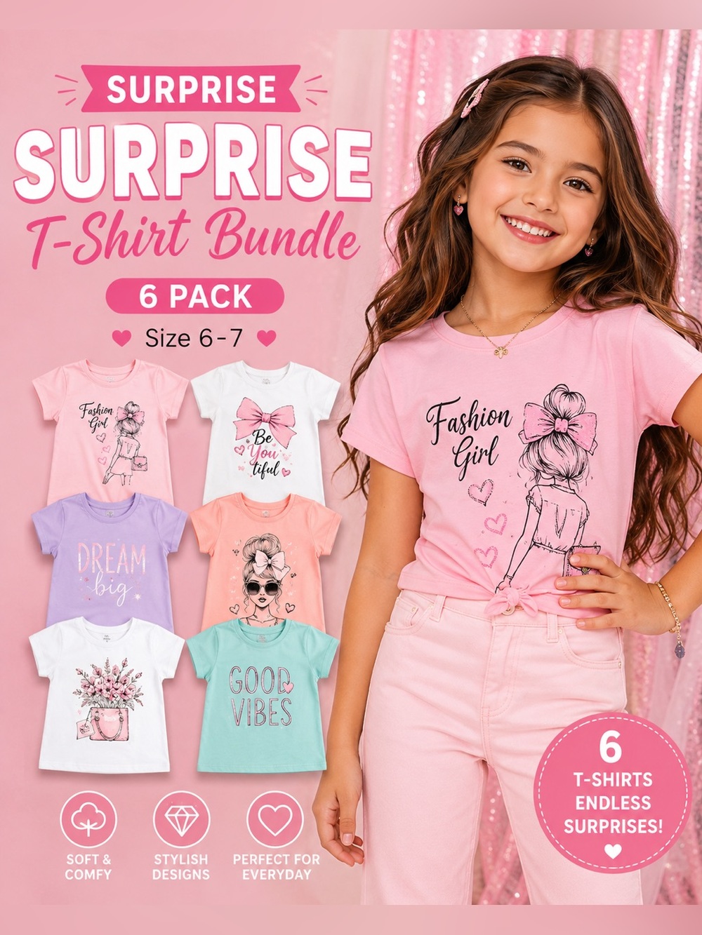 Girls Size 6-7 Surprise T-Shirt Bundle 6 Pc Fashion Tops Cute Everyday Wear